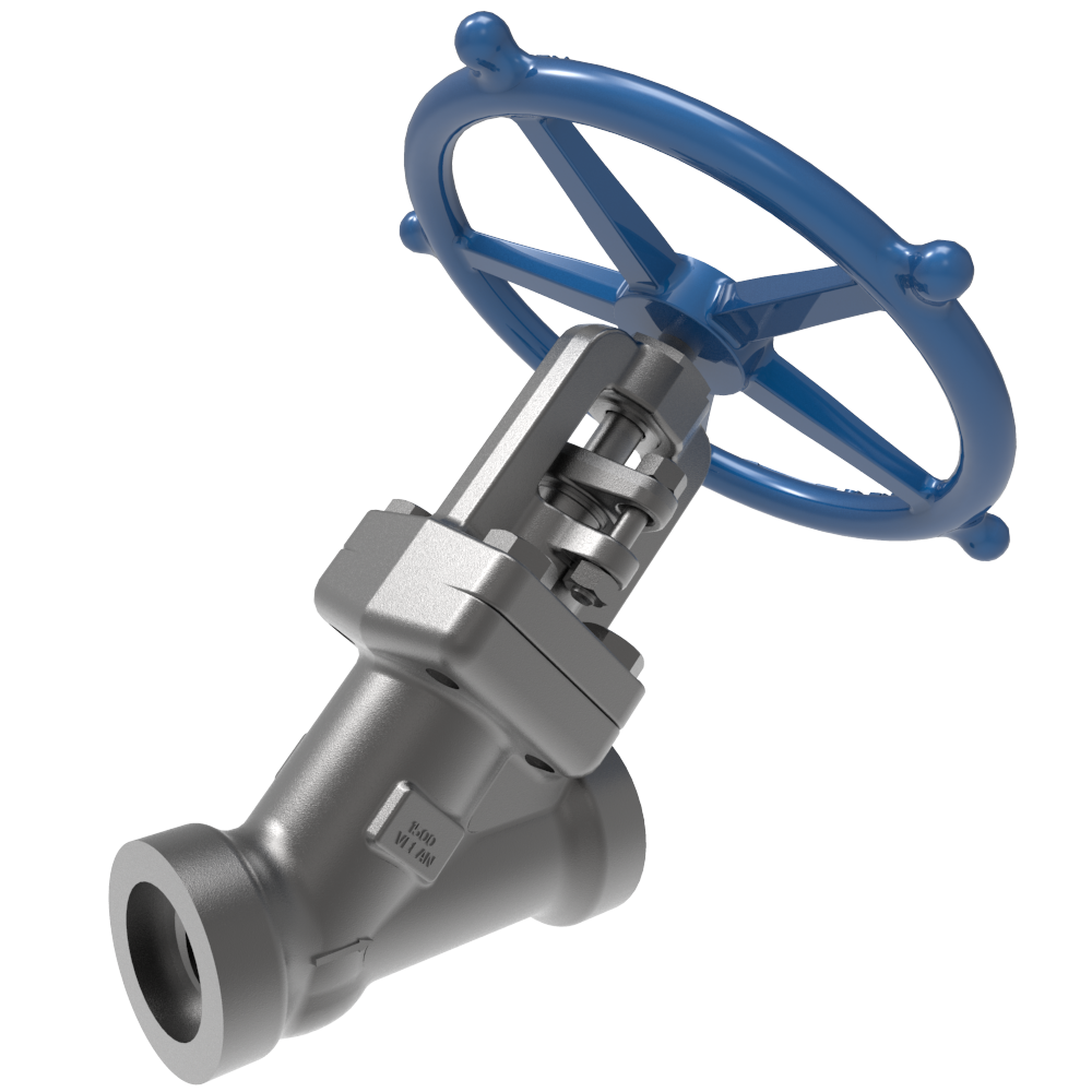 A 3D rendering of an industrial metal valve with a blue handwheel and a Y-shaped body. The valve is shown at an angle, highlighting its structure and components against a white background.