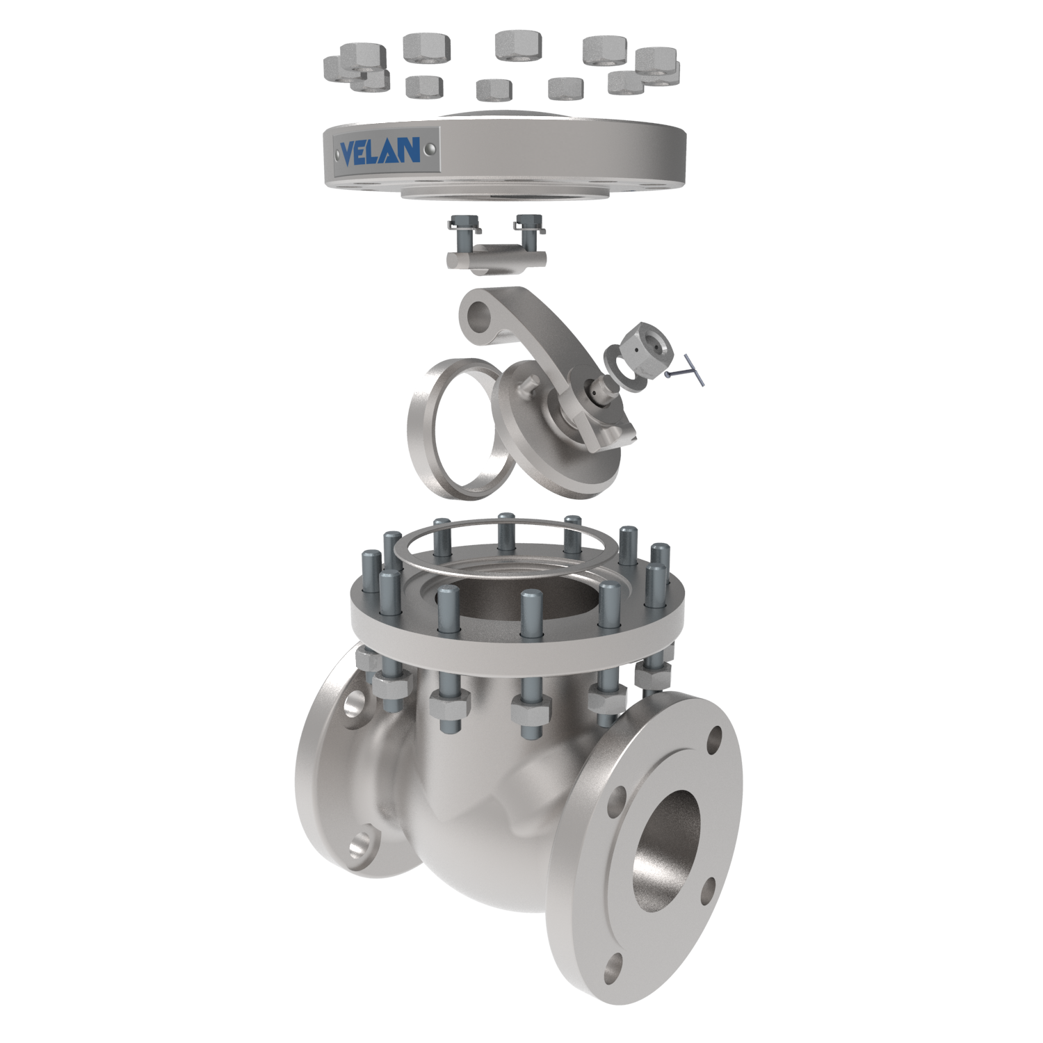 A digital rendering of a Velan industrial valve shown in an exploded view. The image displays various disassembled components, including bolts, a cover, a body, and internal parts, all aligned to represent the valve's assembly.